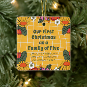 Custom Boho Groovy First Christmas Family of Five Ceramic Ornament