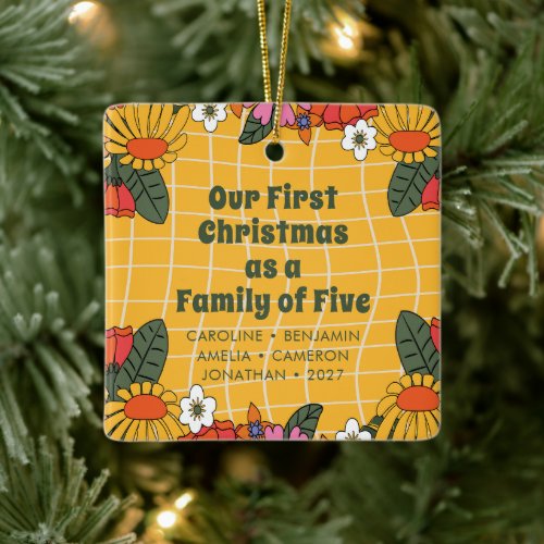 Custom Boho Groovy First Christmas Family of Five  Ceramic Ornament