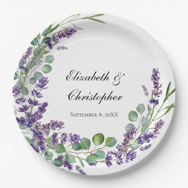 Custom Boho Lavender Eucalyptus Wedding Paper Plates (Front)