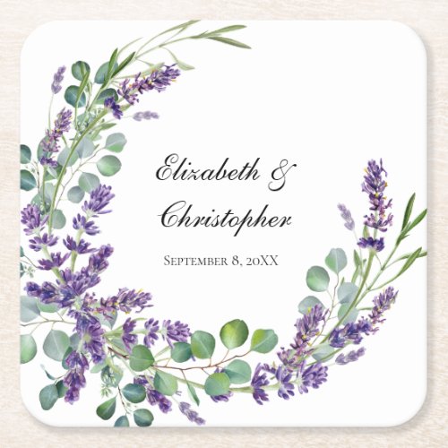 Custom Boho Lavender Eucalyptus Wedding Square Paper Coaster