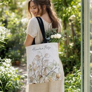 Custom Boho Lunaria Watercolor Botanical Floral Tote Bag