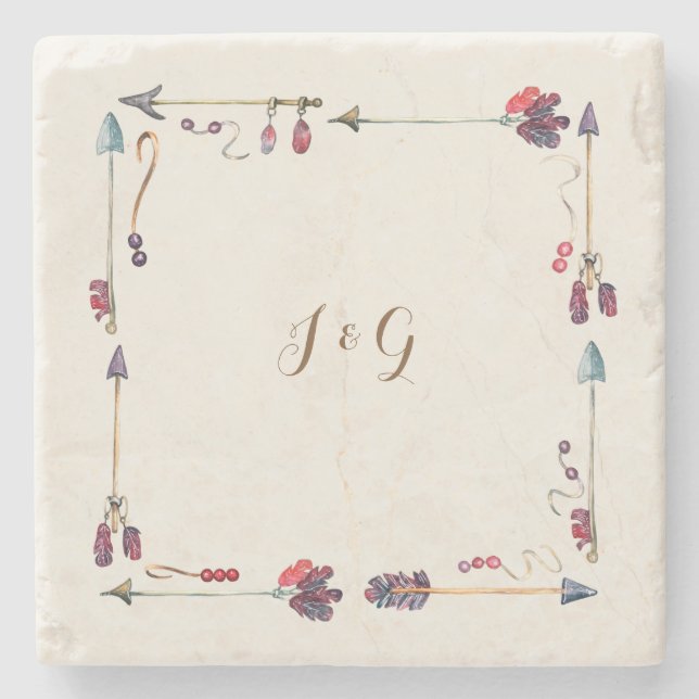 Custom Boho Monogram Gift for Couples Stone Coaster (Front)
