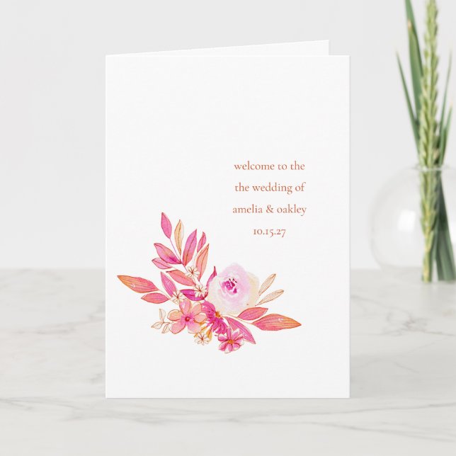 Custom Boho Pink Orange Floral Chic Custom Wedding Program (Front)