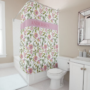 Custom Boho Pink Roses Flowers Print Shower Curtain
