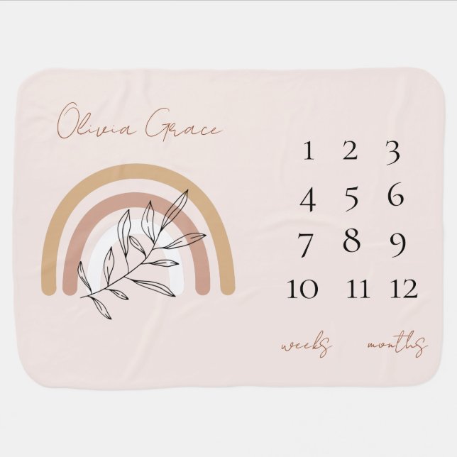 Custom Boho Rainbow Baby Name Milestone Baby Blanket (Horizontal)