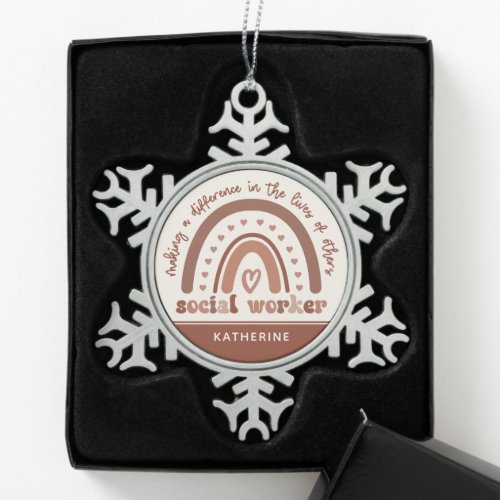 Custom Boho Rainbow Social Worker Appreciation Snowflake Pewter Christmas Ornament
