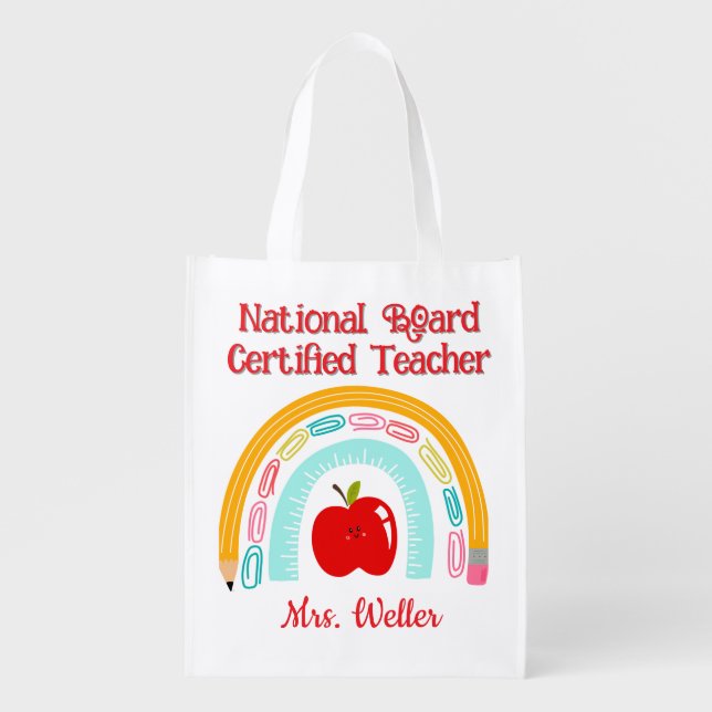 Custom Boho Rainbow Teacher National Board Cert Grocery Bag (Front)