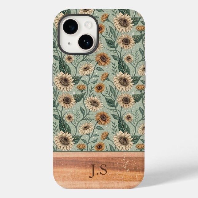 Custom Boho Sunflowers Wood Effect Case-Mate iPhone Case (Back)