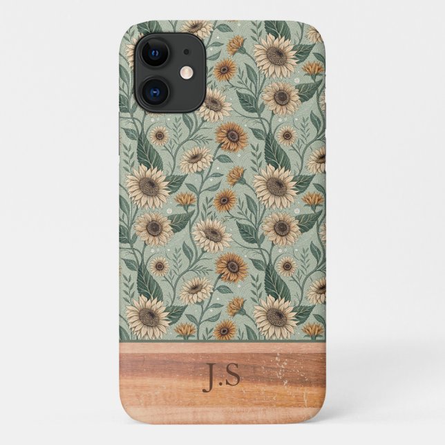Custom Boho Sunflowers Wood Effect Case-Mate iPhone Case (Back)