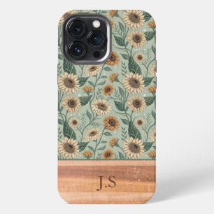 Custom Boho Sunflowers Wood Effect iPhone 13 Pro Max Case