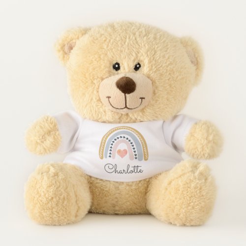 Custom Boho Watercolor Rainbow Hearts Girl Name Teddy Bear