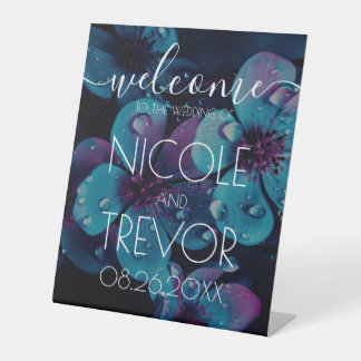 Custom Bold Colorful Flowers Welcome Wedding Pedestal Sign