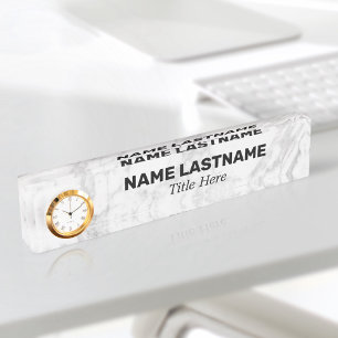 Custom Bold Grey Marble Minimalist Modern Clock Desk Name Plate