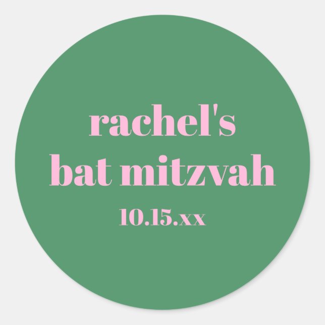 Custom Bold Pink Green Cute  Modern Bat Mitzvah Classic Round Sticker (Front)
