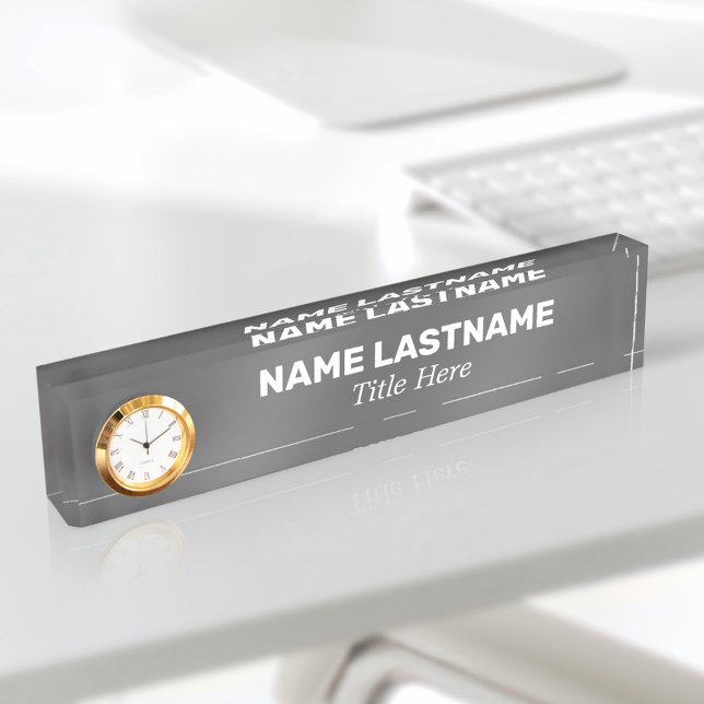 Custom Bold Simple Grey Minimalist Modern Clock Desk Name Plate (Creator Uploaded)