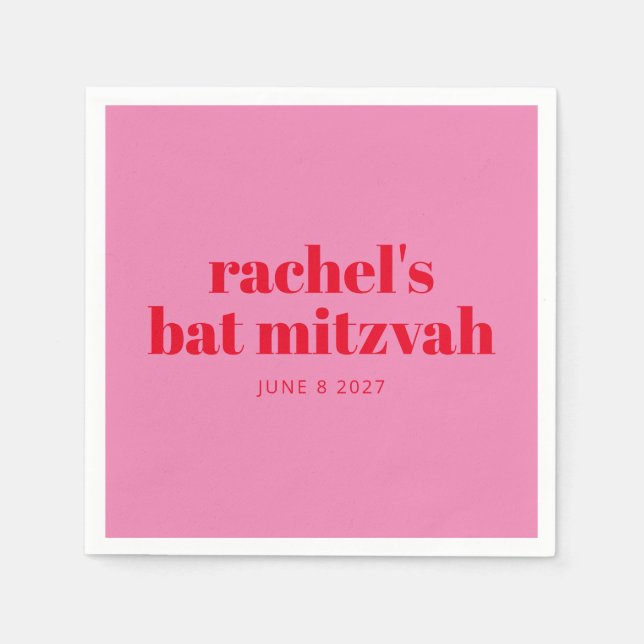 Custom Bold Typography Pink Red Modern Bat Mitzvah Napkins (Front)