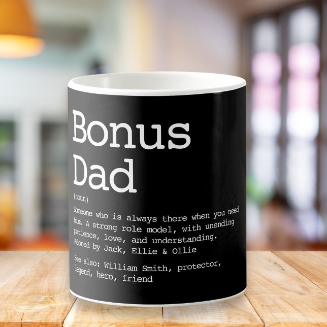 Custom Bonus Dad Stepdad Definition Black Coffee Mug (Creator Uploaded)