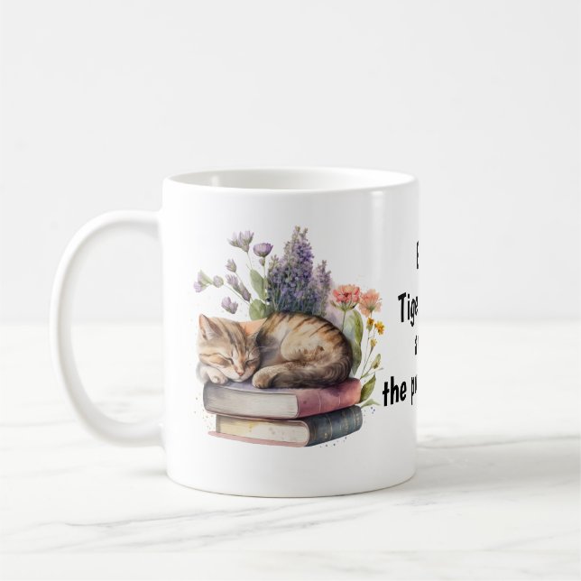 Custom book lovers, cat lover and coffee friend coffee mug (Left)