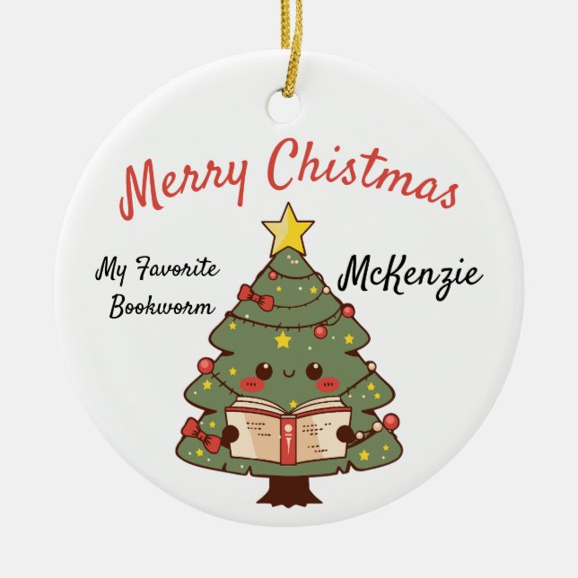 Custom Bookish Christmas Tree Ceramic Ornament (Front)
