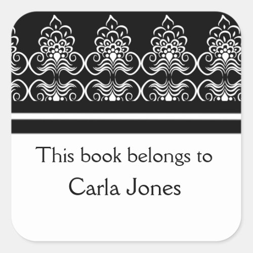 Custom Bookplates_Black White Swirls Pattern Square Sticker
