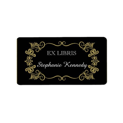 Custom Bookplates  Gold Floral Frame On Black