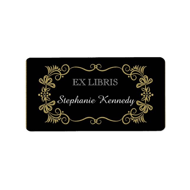 Custom Bookplates | Gold Floral Frame On Black (Front)