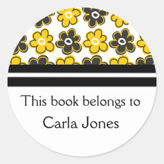 Custom Bookplates|Yellow Black Retro Flowers Classic Round Sticker
