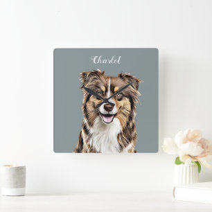 Custom Border Collie Dog Personalized Drawing Square Wall Clock