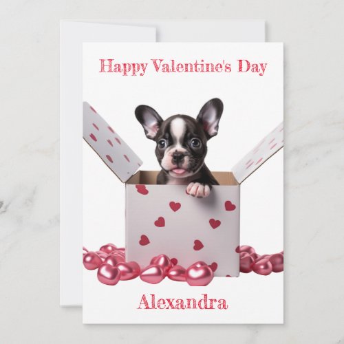 Custom Boston Terrier Box Pink Hearts Valentine Holiday Card