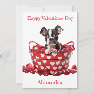 Custom Boston Terrier Pup Heart Basket Valentine Holiday Card