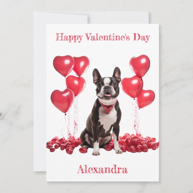 Custom Boston Terrier Red Hearts Collar Valentine Holiday Card (Front)