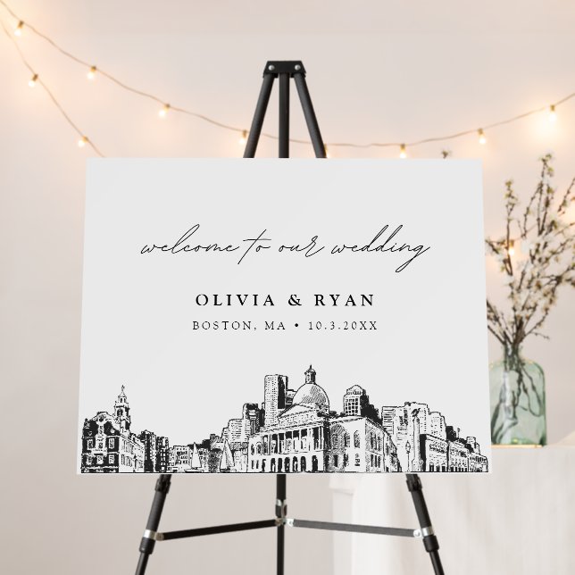 Custom Boston Wedding Skyline Sketch Welcome Sign (In Situ (Stand))