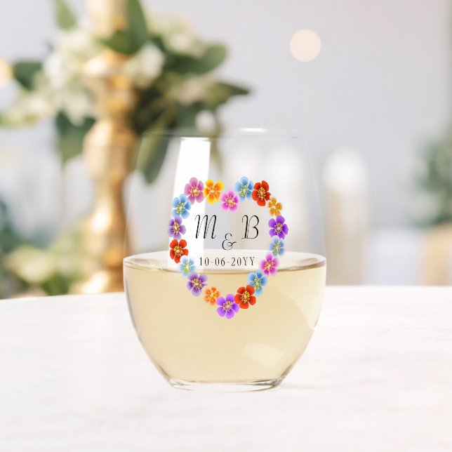 Custom Botanical Boho Floral Heart Lei Wreath Stemless Wine Glass (Insitu (Wedding))