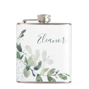 Custom Botanical Eucalyptus Boho Bridal Favor Flask