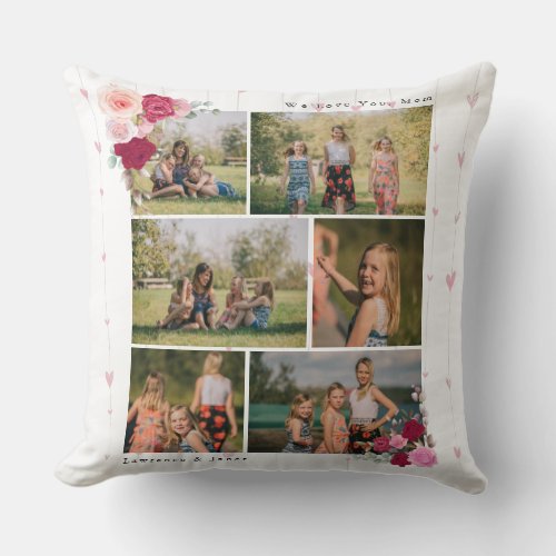 Custom Botanical Floral Mom 6 Photo Collage gifts Throw Pillow