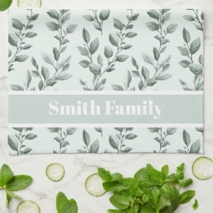 Custom Botanical Green Leaf Pattern Kitchen Towel