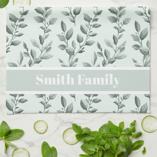 Custom Botanical Green Leaf Pattern Kitchen Towel (Folded)