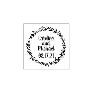 Custom Botanical Leaves Country Wreath Wedding Rubber Stamp