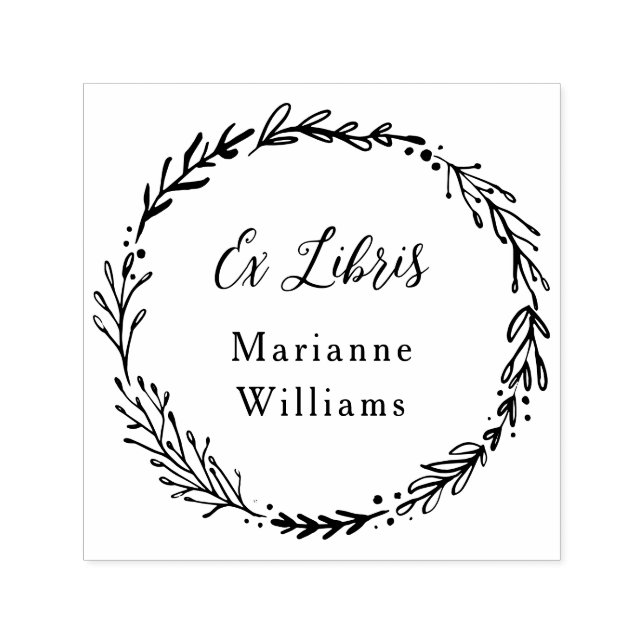 Custom Botanical Wreath Ex Libris Script Name Self-inking Stamp (Design)