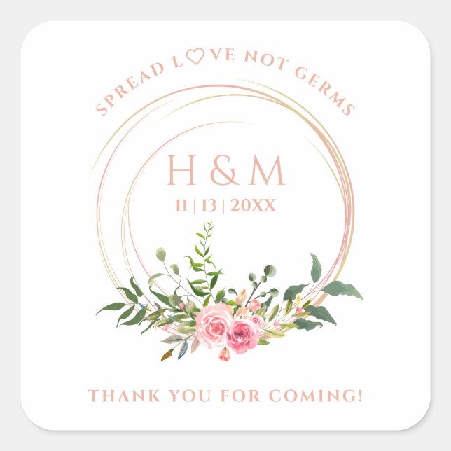 Custom Botanical Wreath in Pink Wedding Sanitizer Square Sticker (Front)