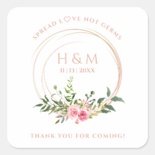 Custom Botanical Wreath in Pink Wedding Sanitizer Square Sticker