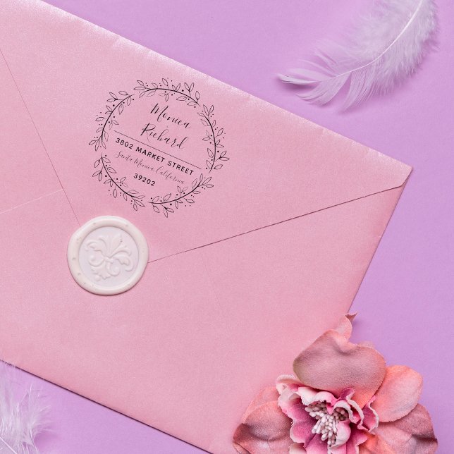 Custom Botanical Wreath Wedding Return Address Rubber Stamp (Creator Uploaded)