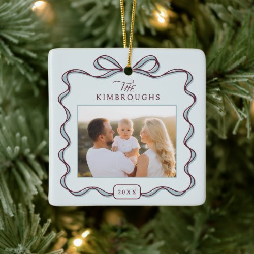 Custom Bow Double Sided 2 Photo Family Christmas Ceramic Ornament
