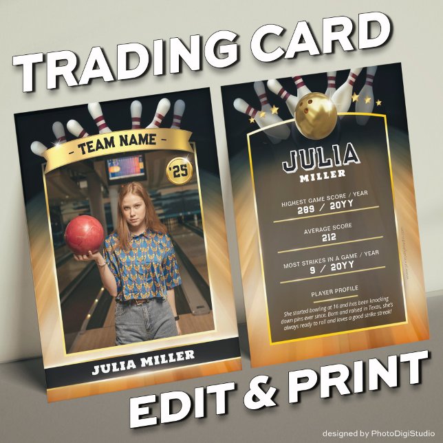 Custom Bowling Trading Card, Modern Bowler Card  (Custom Bowling Trading Card, Modern Bowler Card Gold)