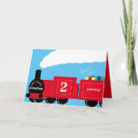 Custom boy 2nd birthday train card<br><div class="desc">A custom 2nd birthday train card. The design shows a bright red train full of gifts. The locomotive has custom text for the name of the boy, their age and the place where the child lives. The perfect card for a railway loving parent to give their son or for a...</div>