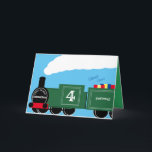 Custom boy 4th birthday train card<br><div class="desc">A custom 4th birthday train card. The design shows a green train full of gifts for the birthday boy. The locomotive has custom text that can be personalized for the name of the boy, their age and the place where the child lives. The perfect card for a railway loving parent...</div>
