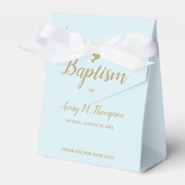 Custom Boy Baptism Blue gold hue dove Script Favor Boxes (Front Side)