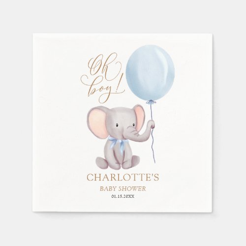Custom Boy Blue Balloon Cute Elephant Baby Shower Napkins