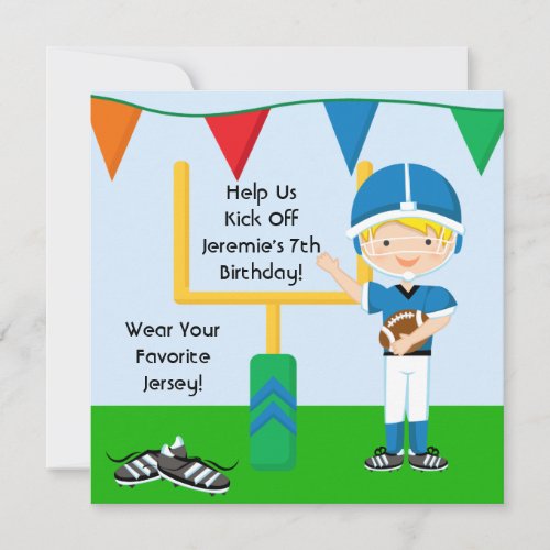 Custom Boy in Blue Football Birthday Invitation