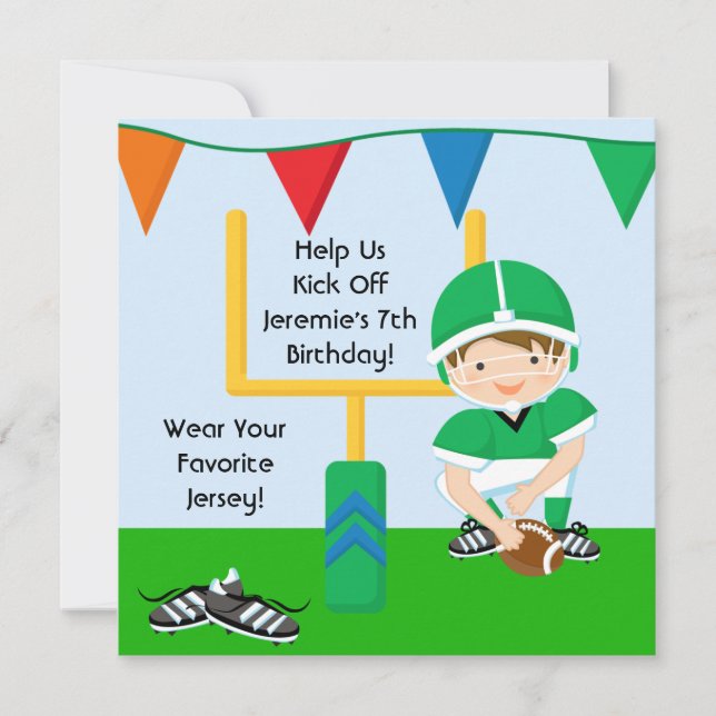 Custom Boy in Green Football Birthday Invitation (Front)